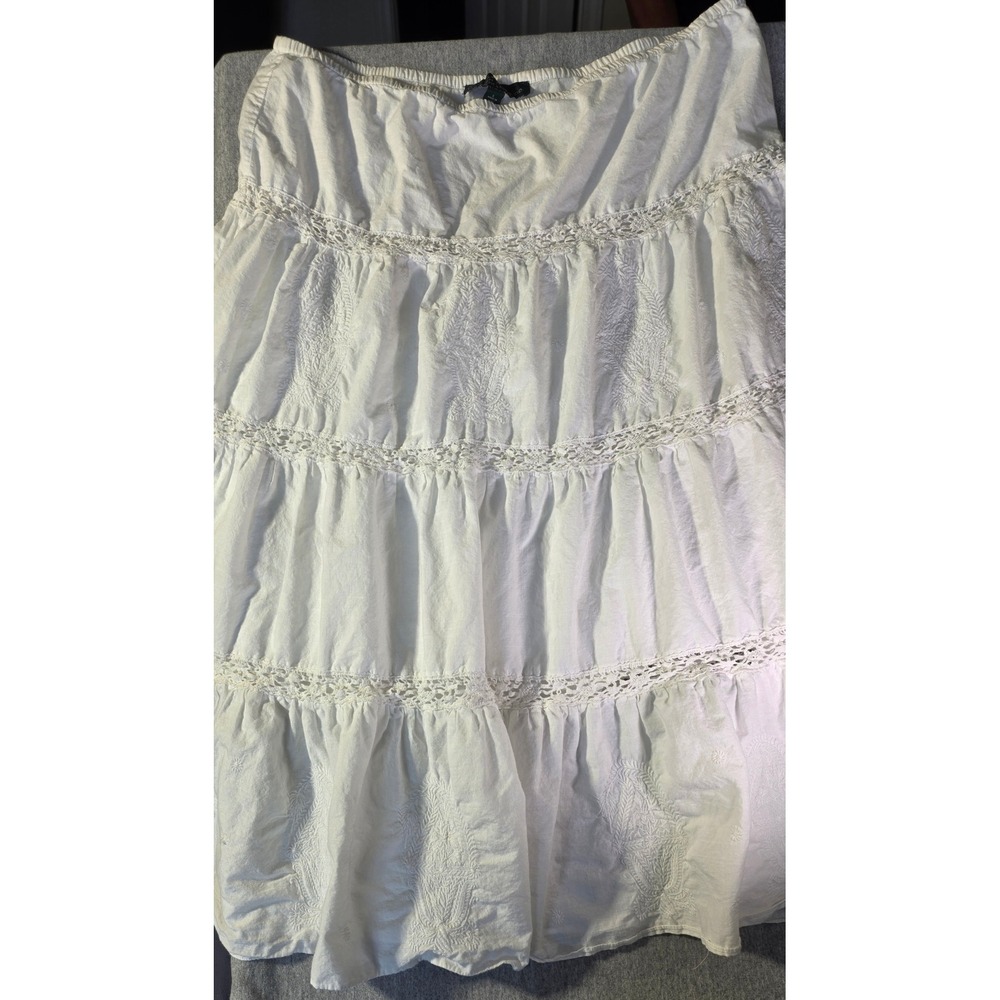 Ralph Lauren White Cotton Tiered Midi Skirt Eyelet Lace Embroidery Boho L